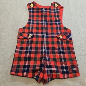 Good Lad Plaid Romper Kids Size 3T Red Navy Wool Blend Vintage Gold Buttons